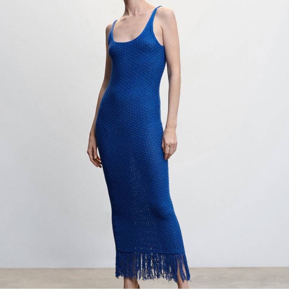 Mango blue sparkle fringe knit dress XXS NWT